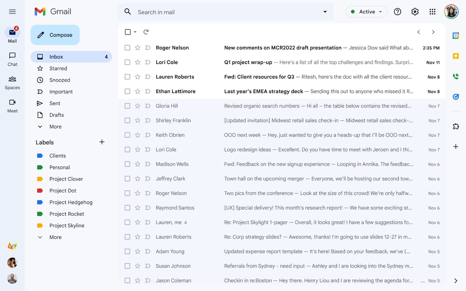 The new layout in a Gmail inbox