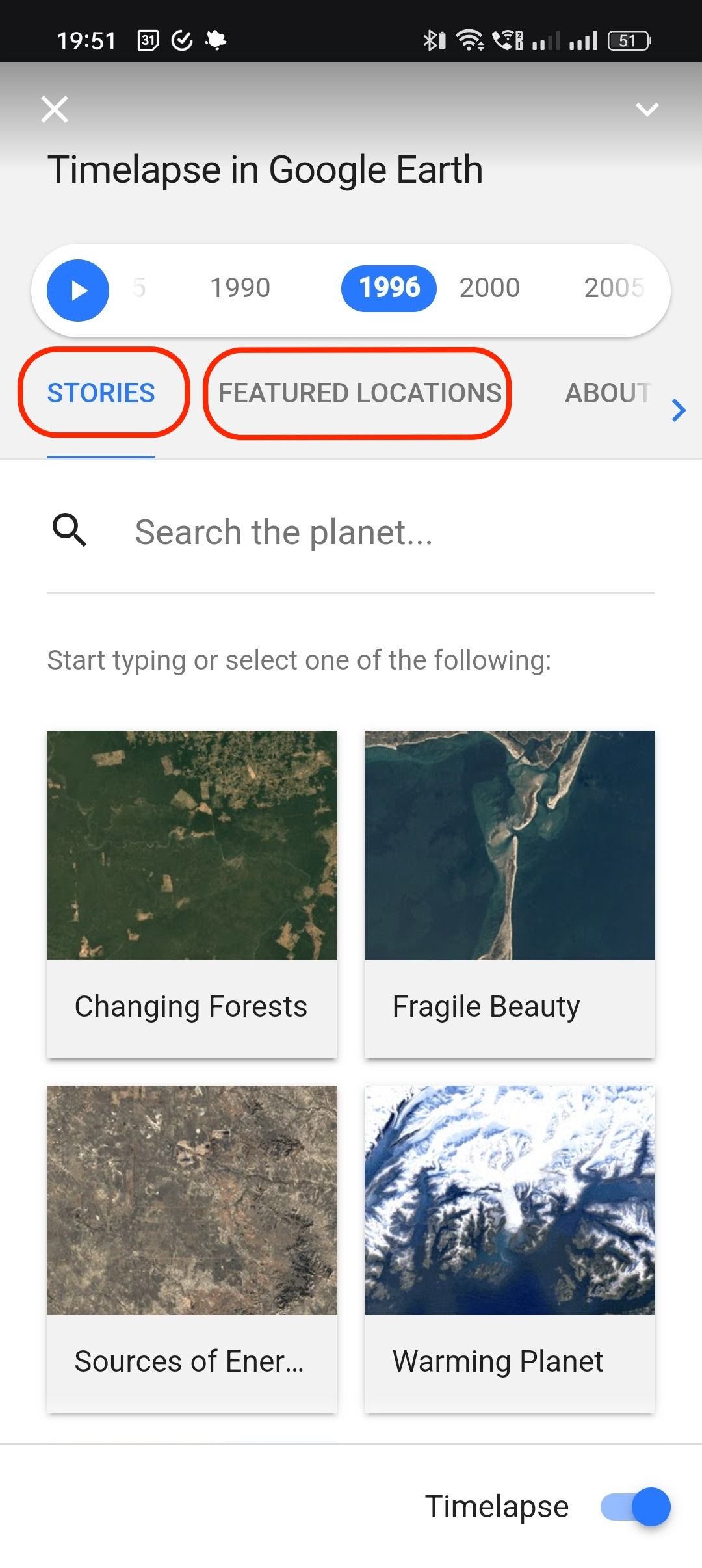 periksa cerita dan lokasi unggulan di aplikasi Android Google Earth