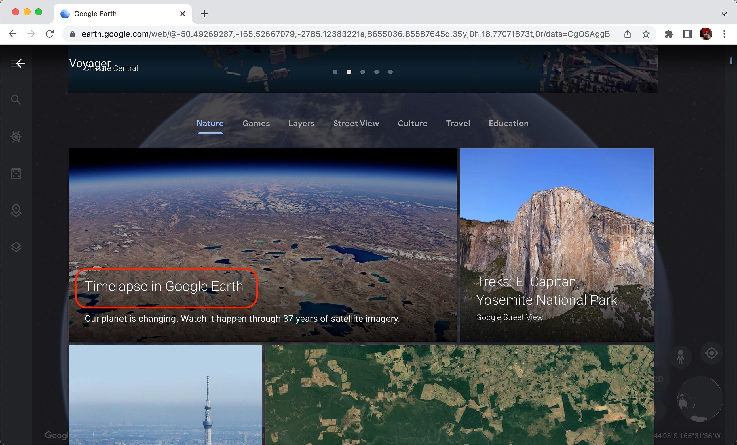 Screenshot highlighting the Timelapse in Google Earth section for the Google Earth web app