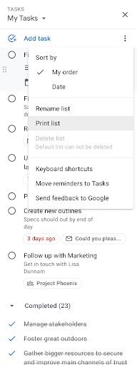 The Print list option on Google Tasks