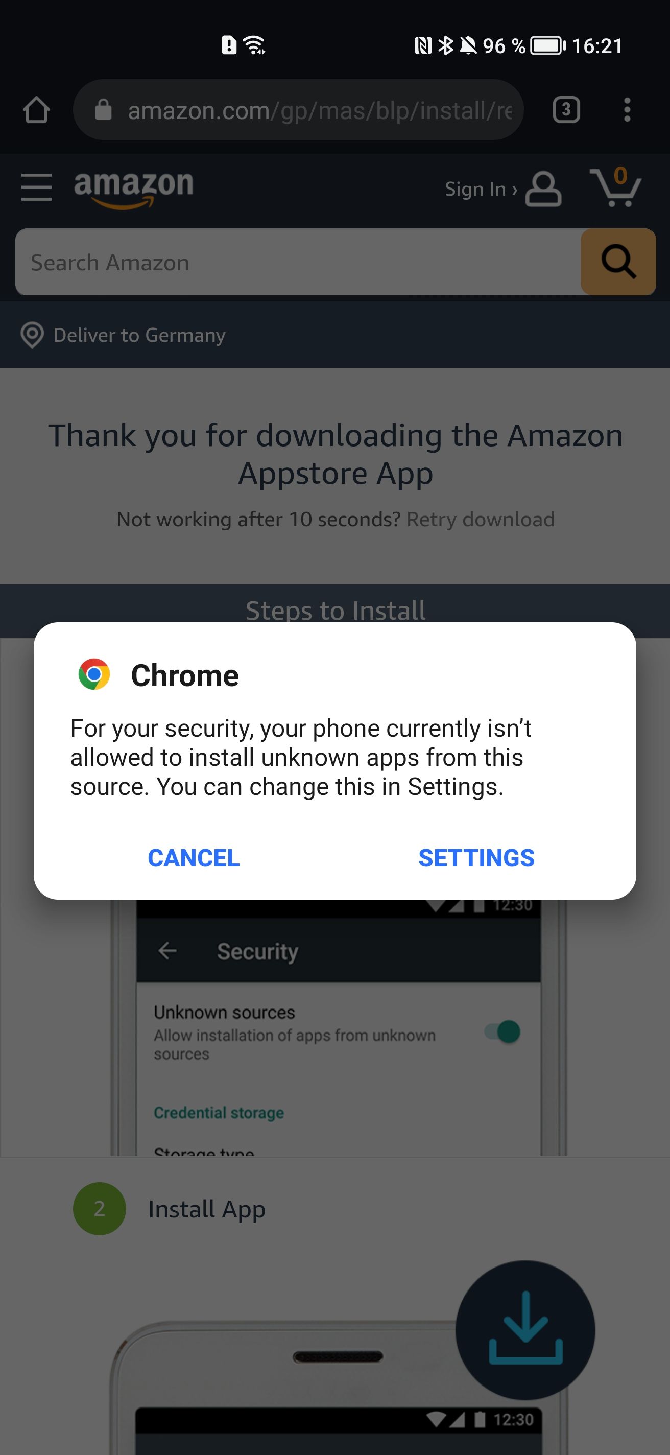 The Chrome mobile warning message that it can't install apps from unknown sources.