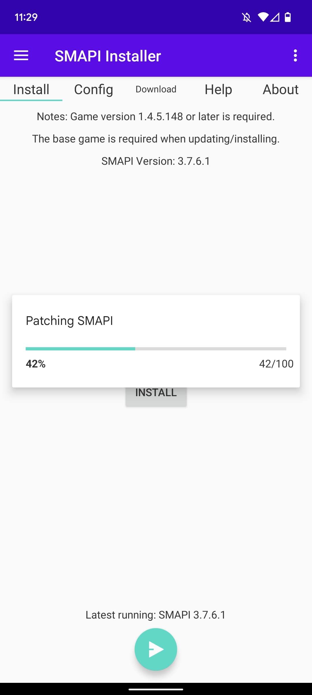 screenshot of SMAPI app's installation loading bar