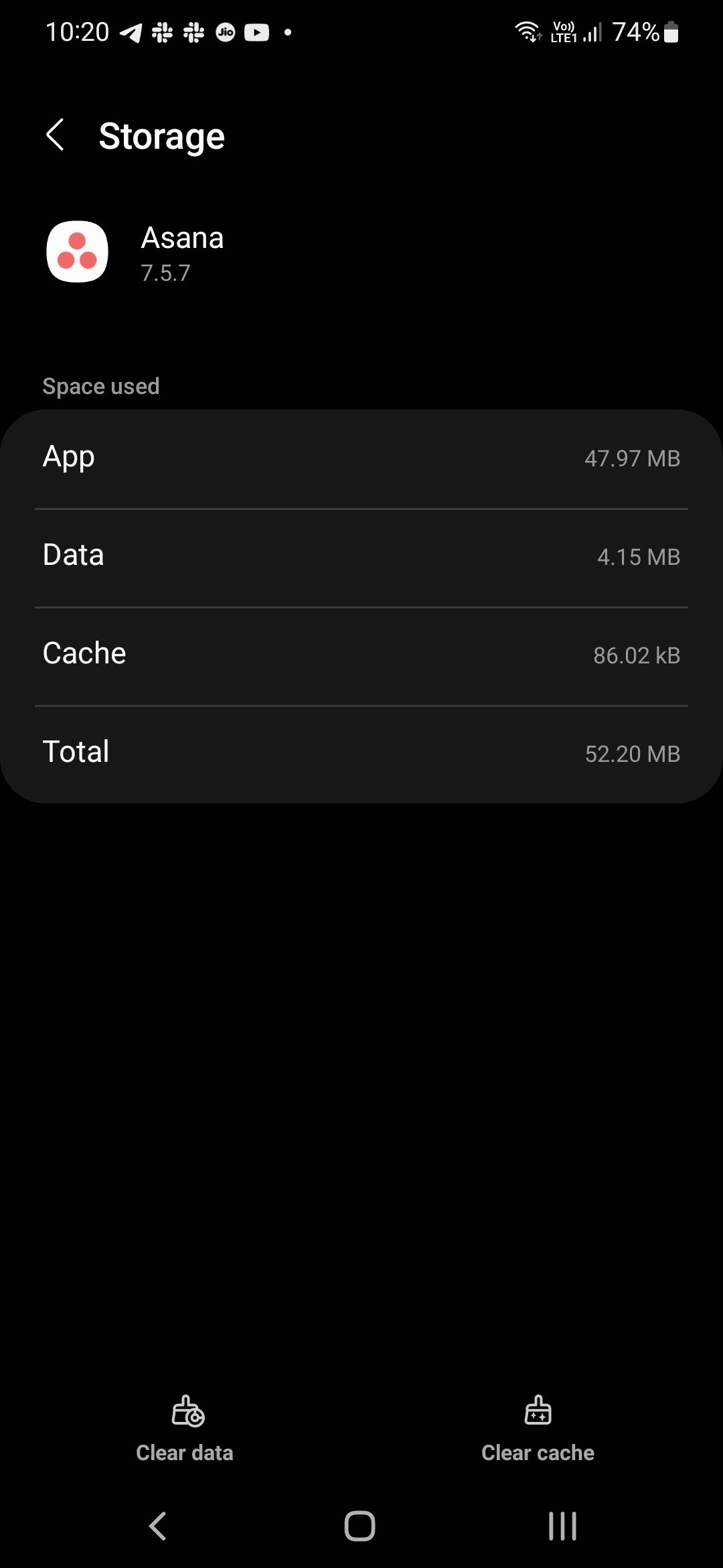 Screenshot shows storage settings for the Asana app. Clear data and Clear cache options are displayed at the bottom.