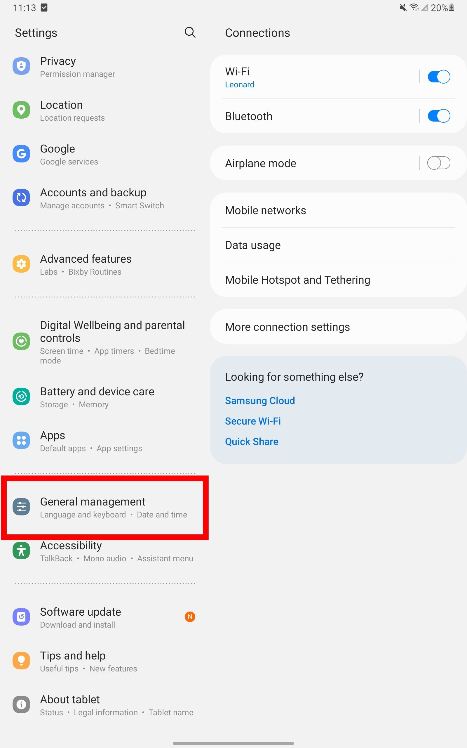 Samsung General Management Settings menu