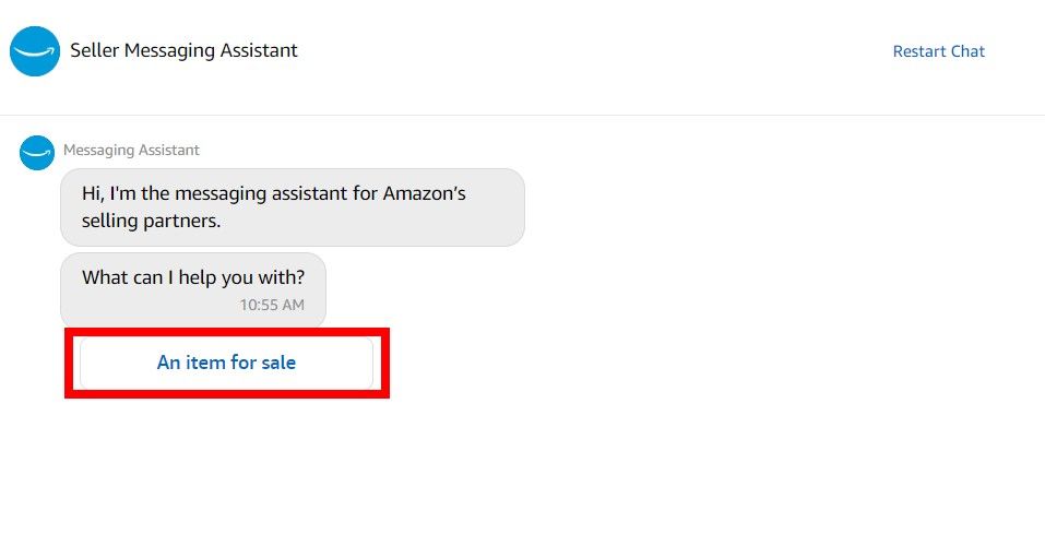 Screenshot that highlights the 'an merchandise for sale' option within the Amazon messaging assistant on the product list page