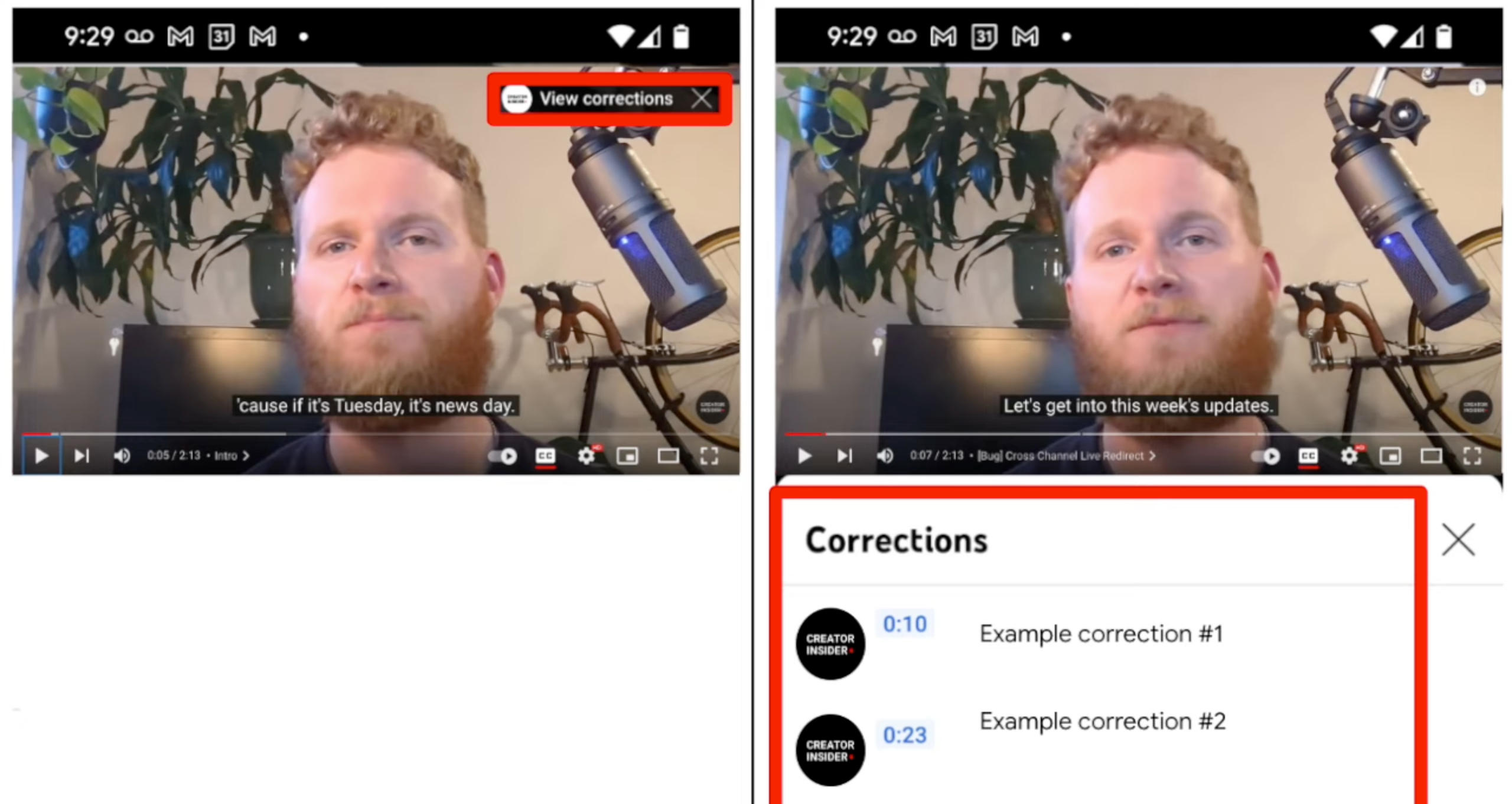 YouTube corrections feature