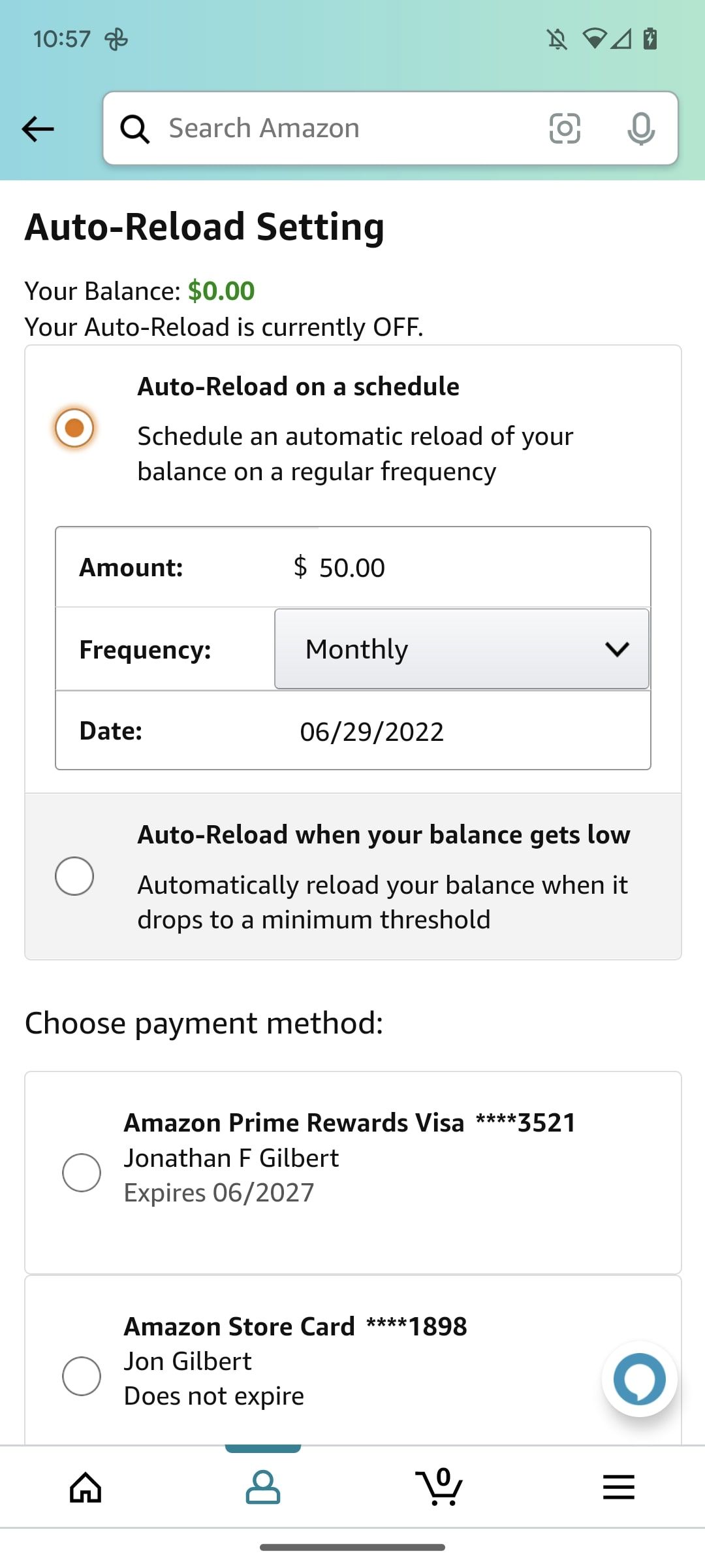 amazon shopping app screenshot gift card balance auto reload