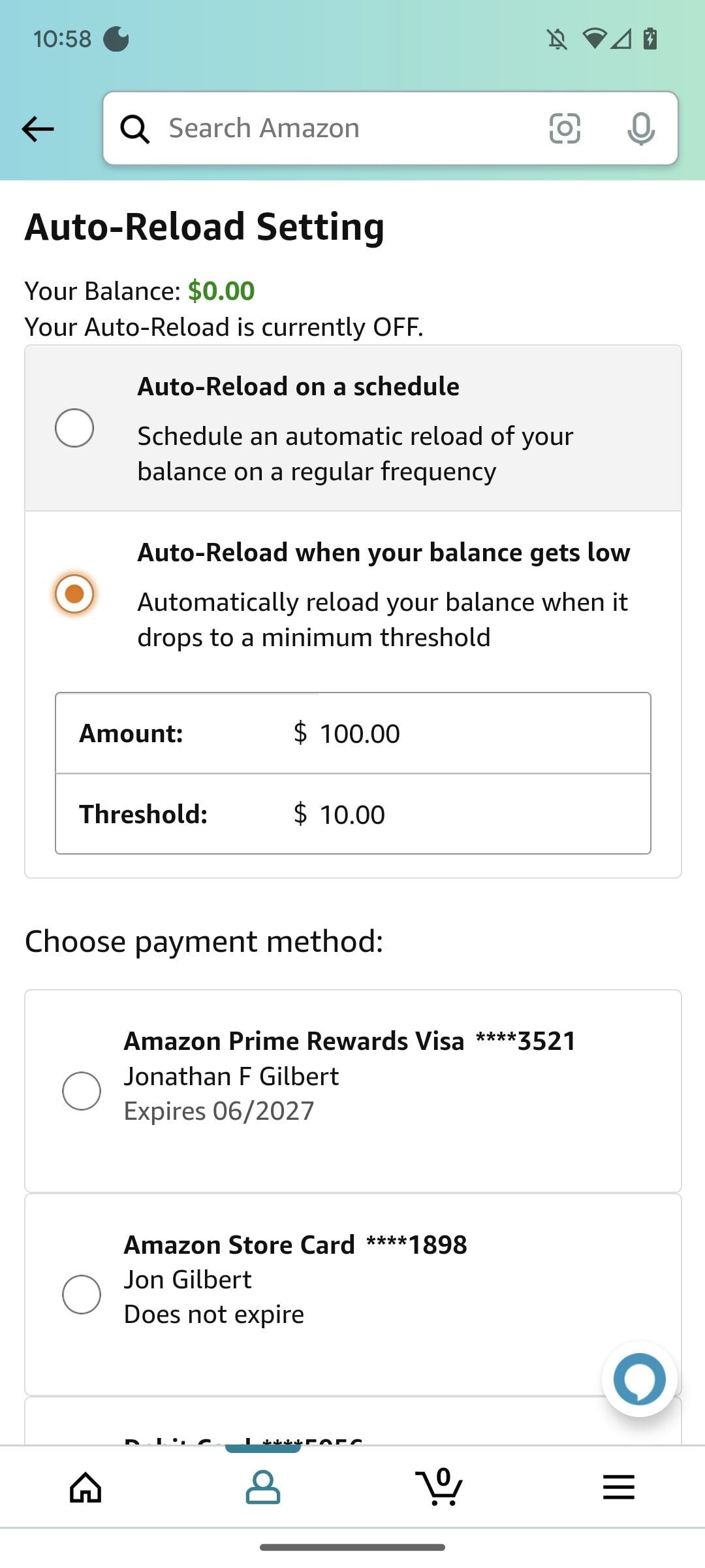 amazon shopping screenshot of auto reload threshold being set
