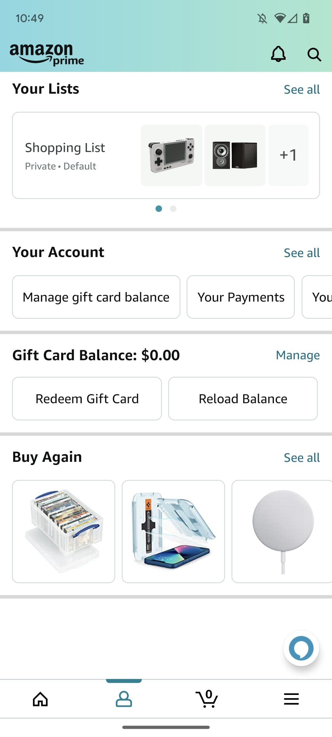 captura de tela do perfil do aplicativo de compras da amazon