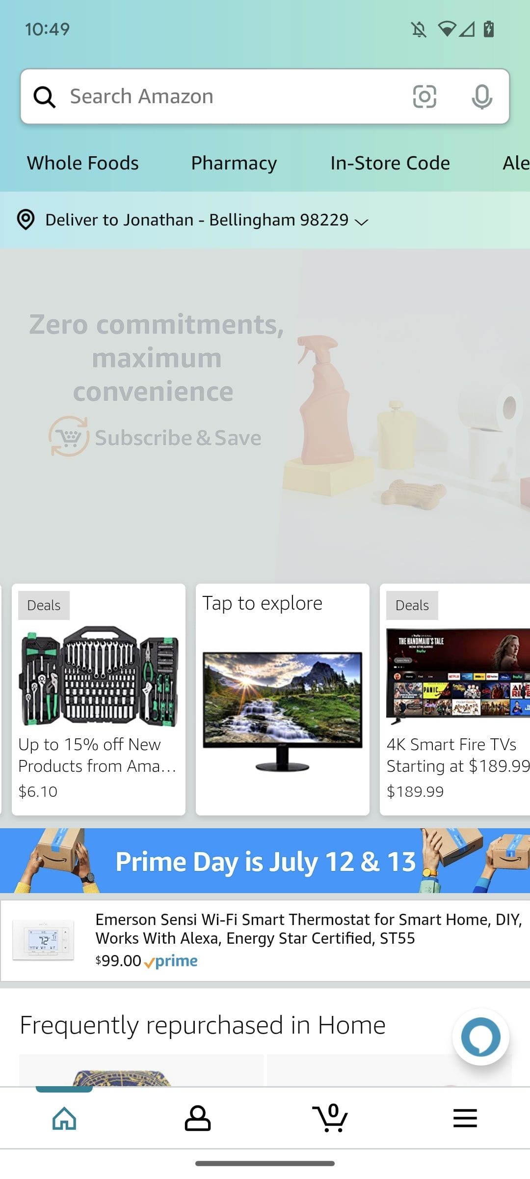 tela inicial do aplicativo de compras da amazon