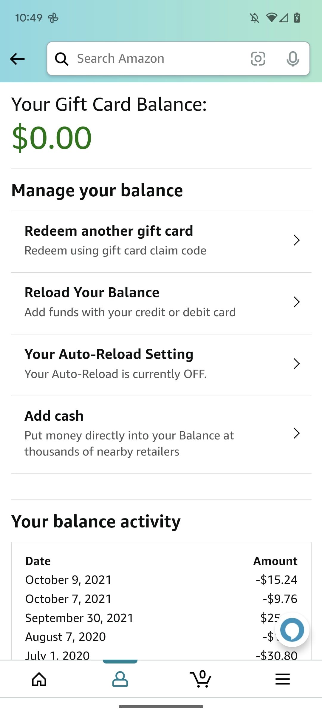 amazon shopping app gift card balance