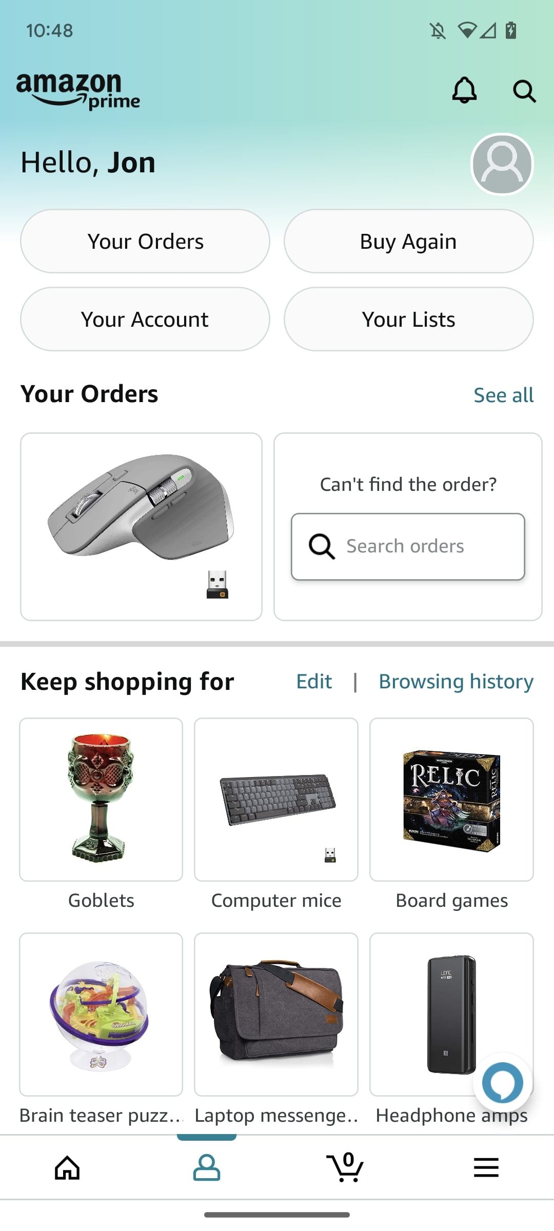 página de perfil do aplicativo de compras da amazon