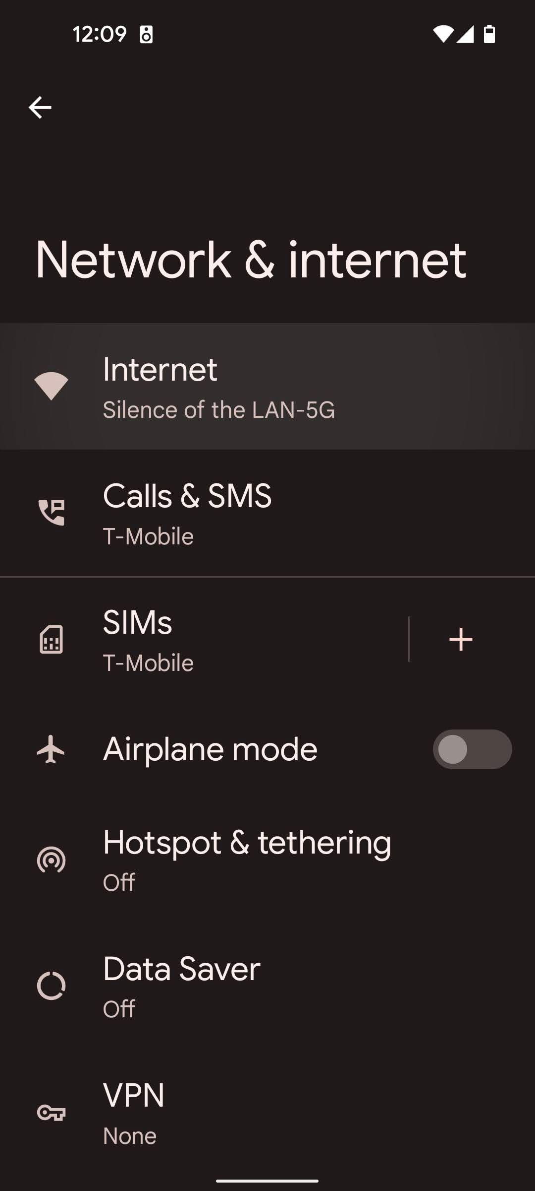 O menu de rede e internet em um telefone Android.