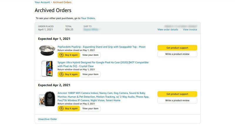 see archived orders amazon app