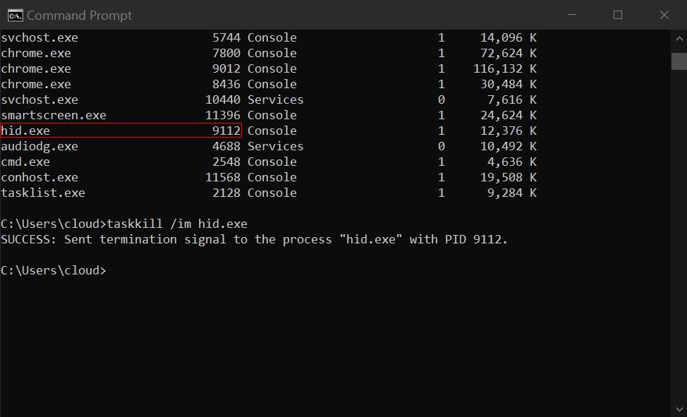 An example of the taskkill command successfully closing down a task using the command prompt window.