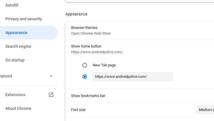 Entering a custom web address in Google Chrome's "appearance" menu