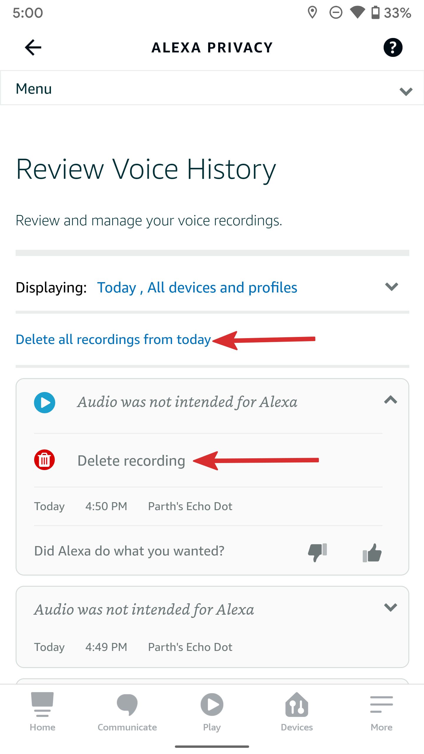 delete alexa voice history