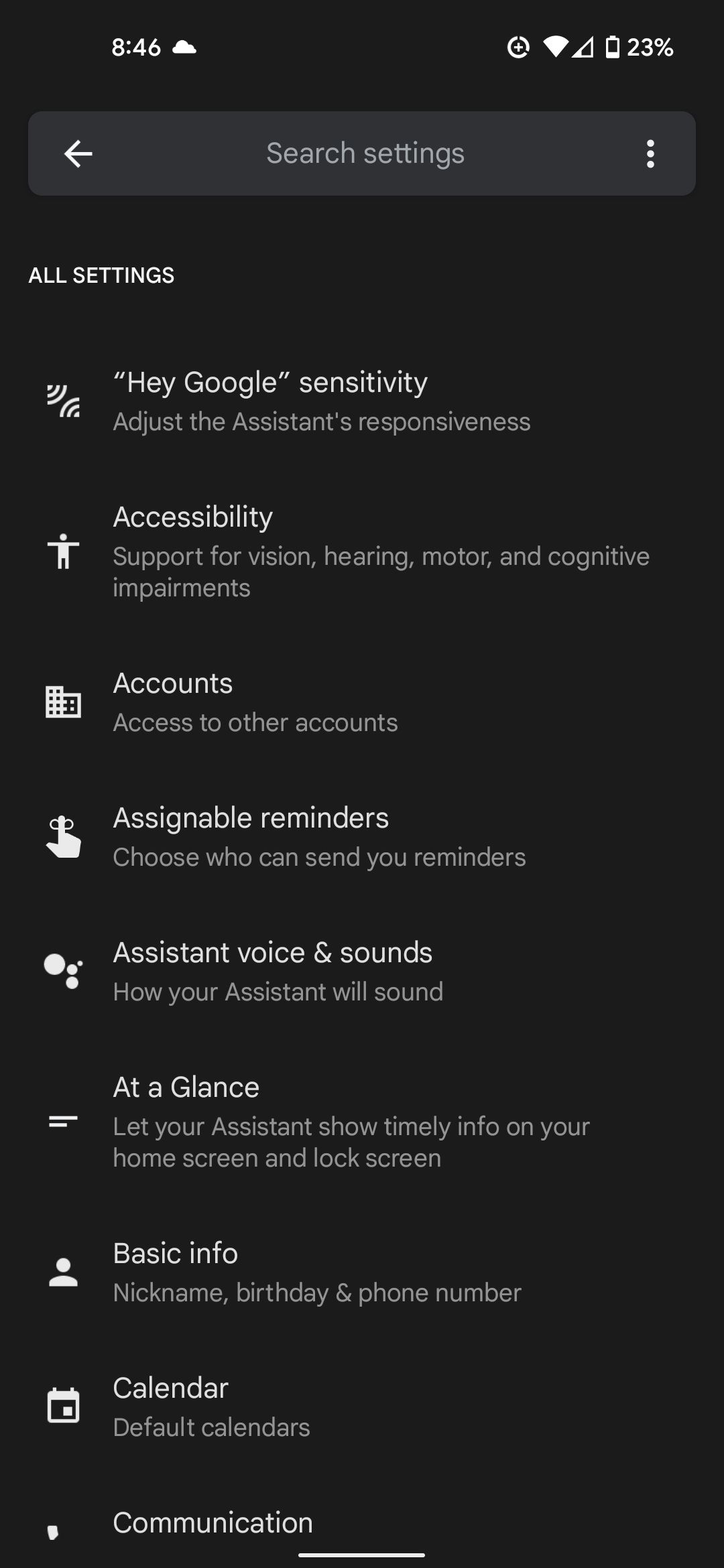 Viewing the All Settings section of the Assistant voice and sounds settings menu