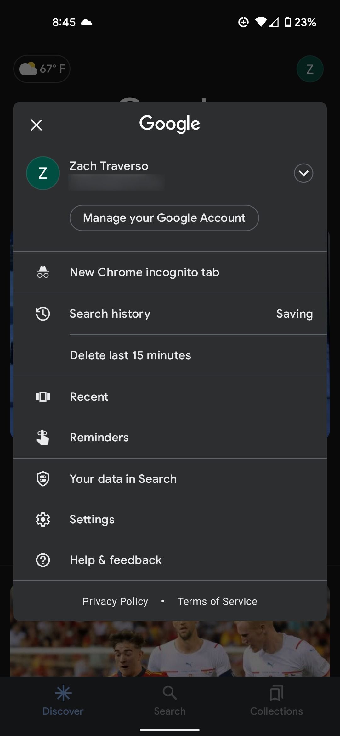 Google app profile options list