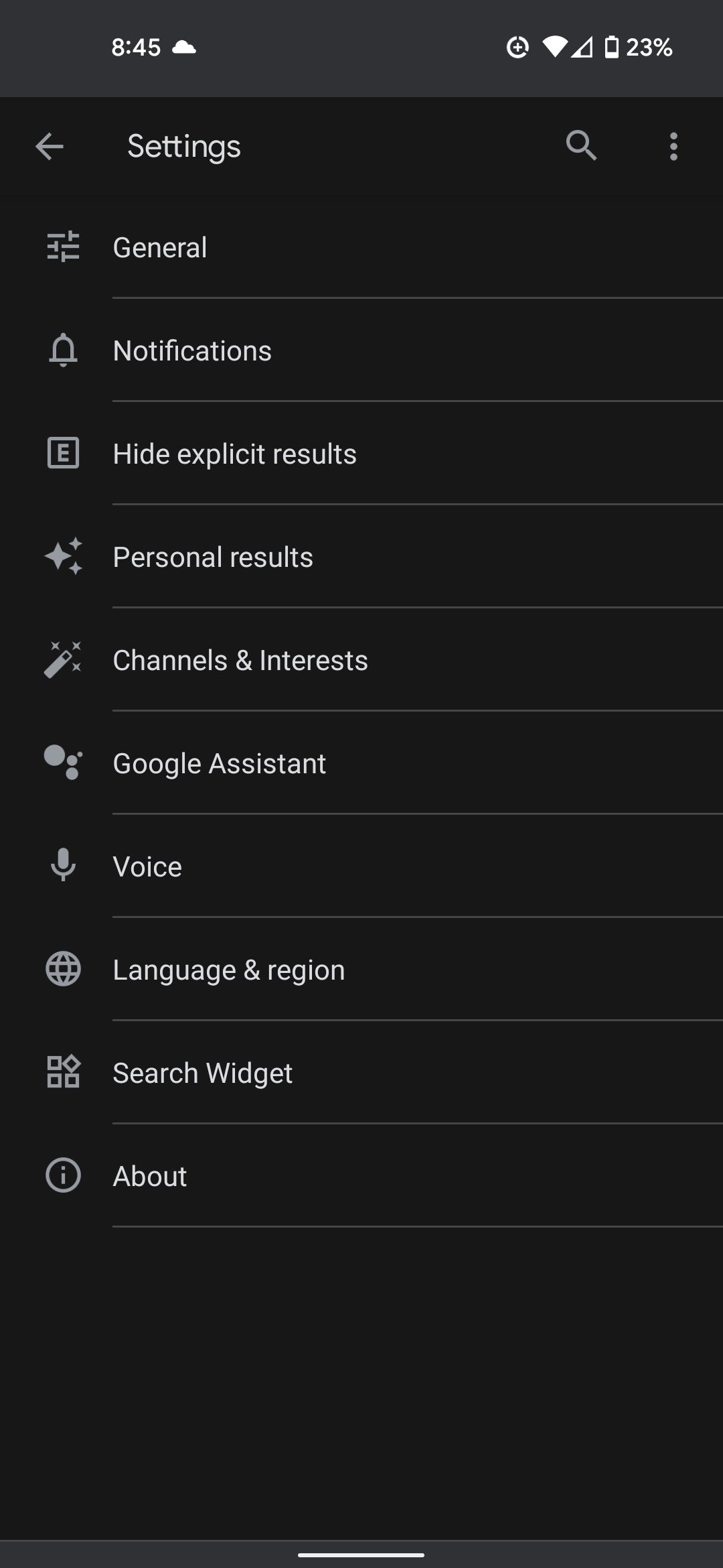 Viewing the settings menu in the Google app