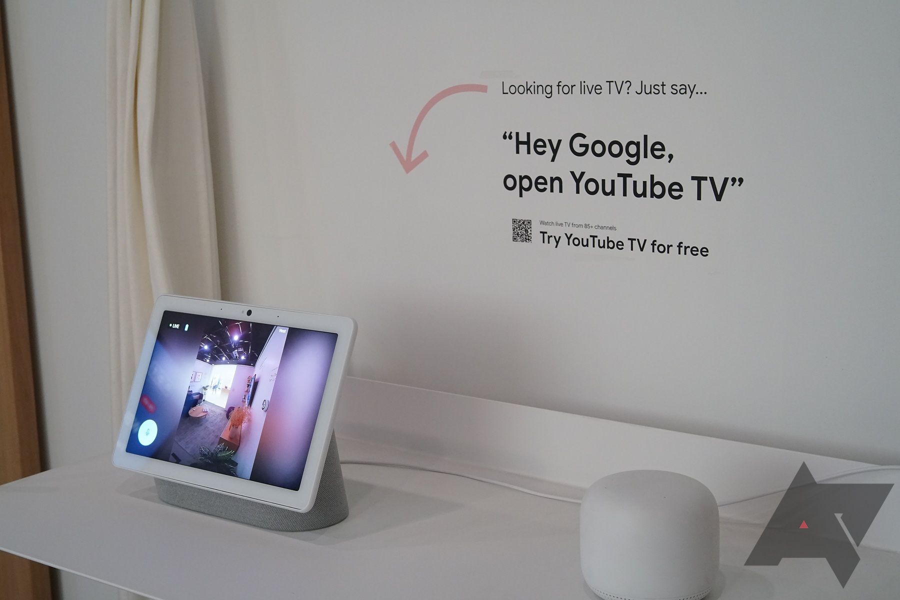 Google nest display on white shelf
