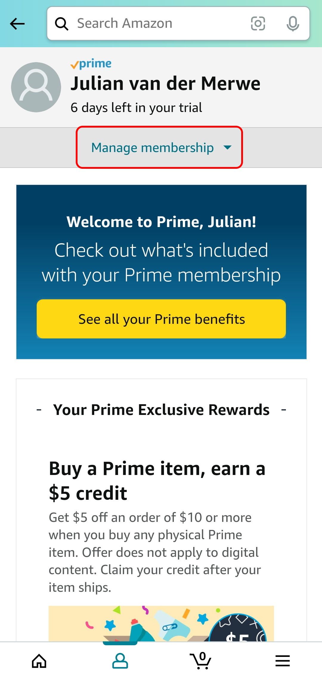 amazon shopping app manage prime membership page with manage membership button highlighted