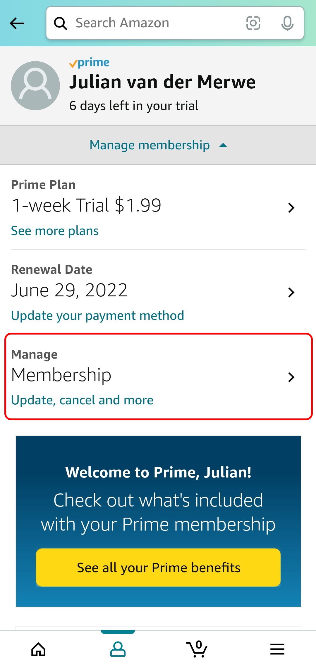 amazon shopping app with manage prime membership dropdown menu open and manage membership button highlighted