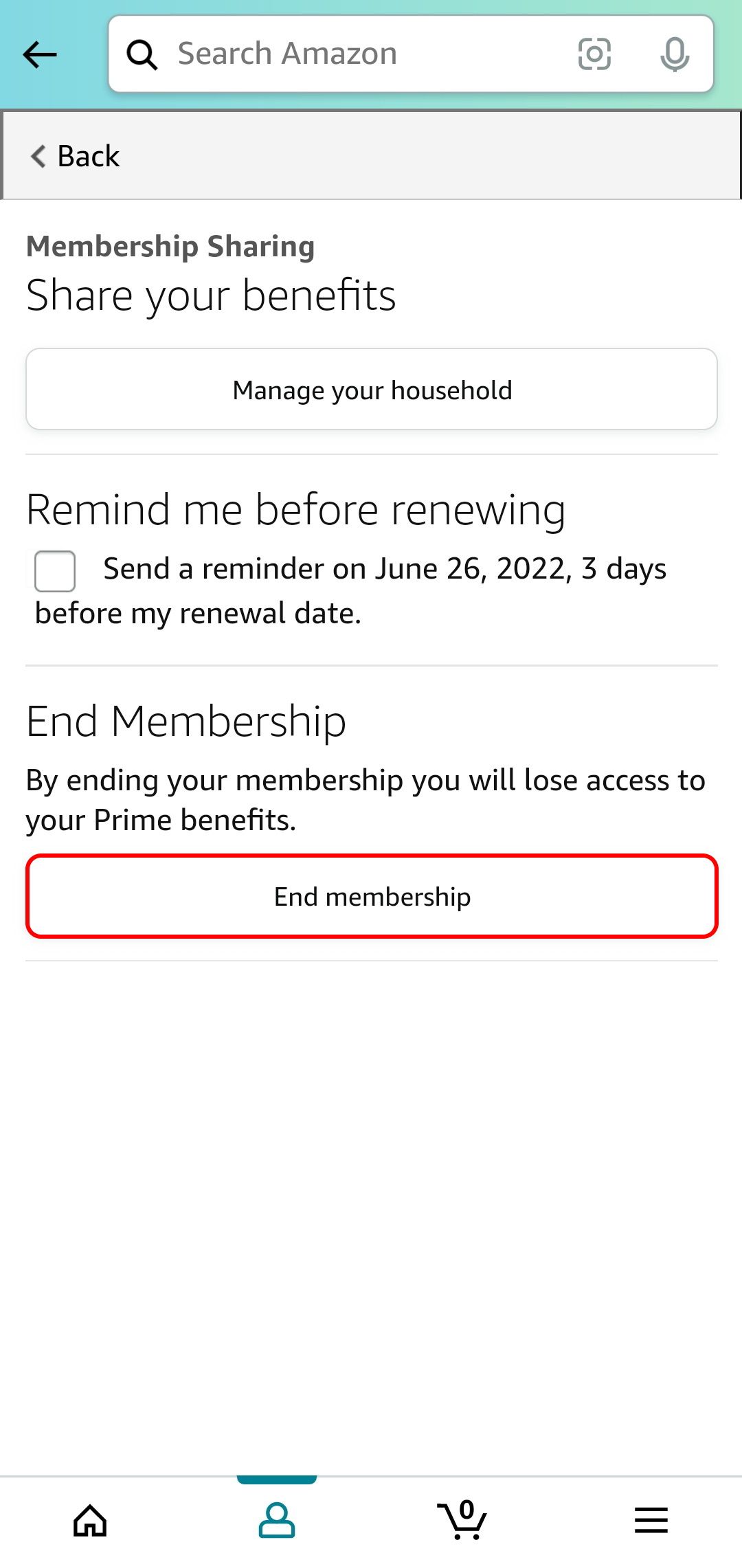 amazon shopping app prime membership details page with the end membership button highlighted