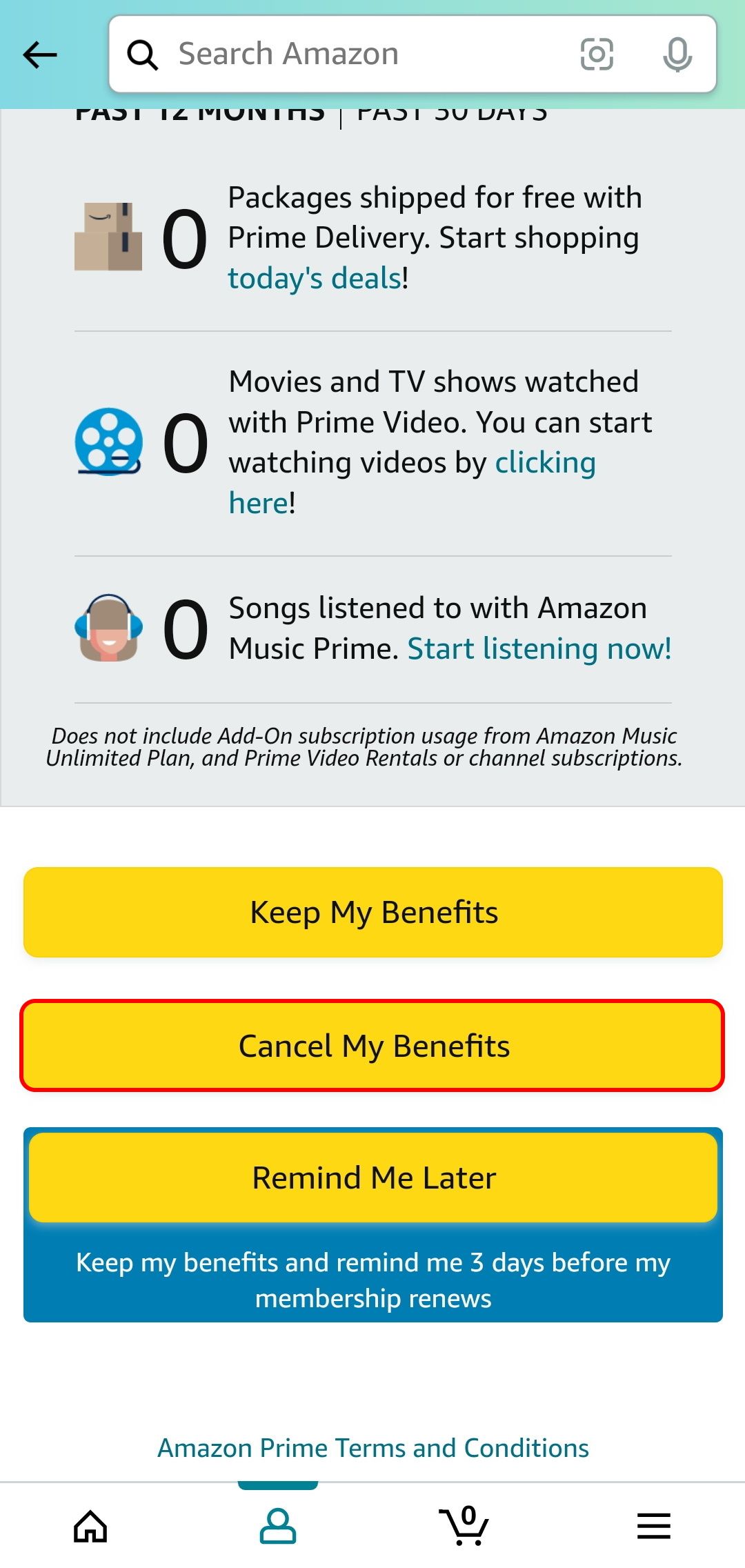 amazon shopping app prime membership cancelation confirmation page with cancel my benefits highlighted