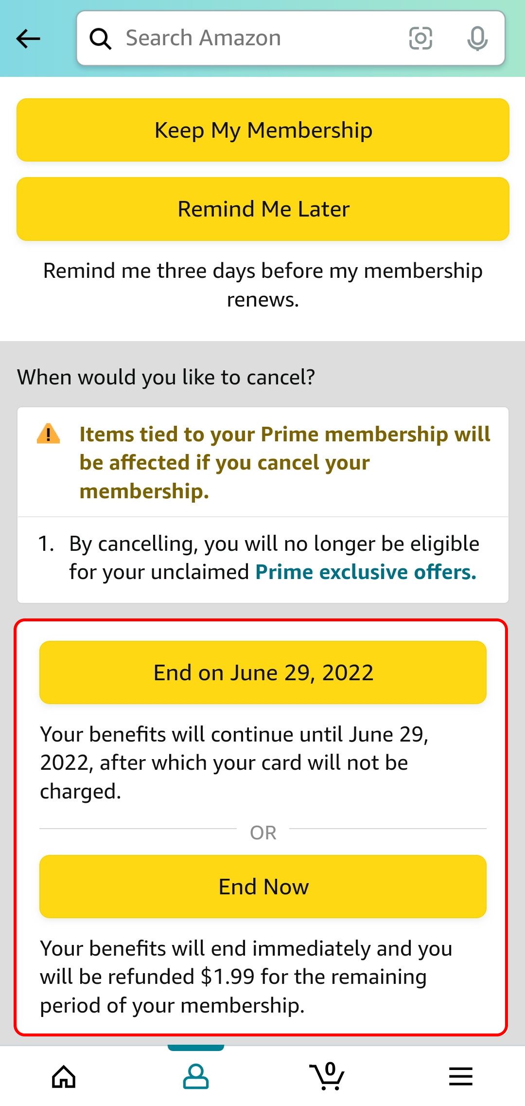 amazon shopping app final prime cancelation confirmation with the end options highlighted