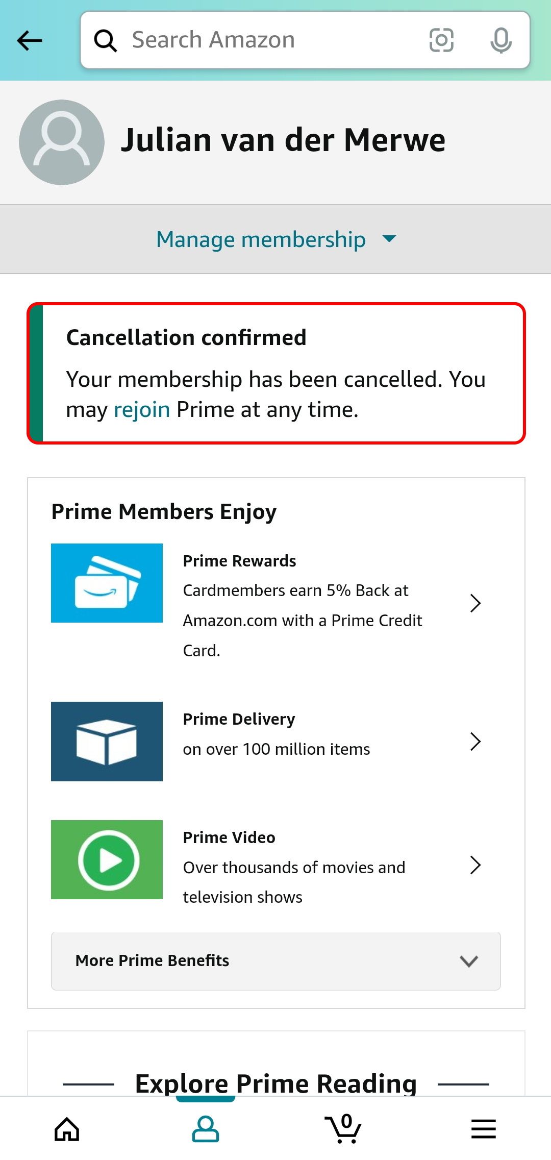 amazon shopping app prime cancelation completion page