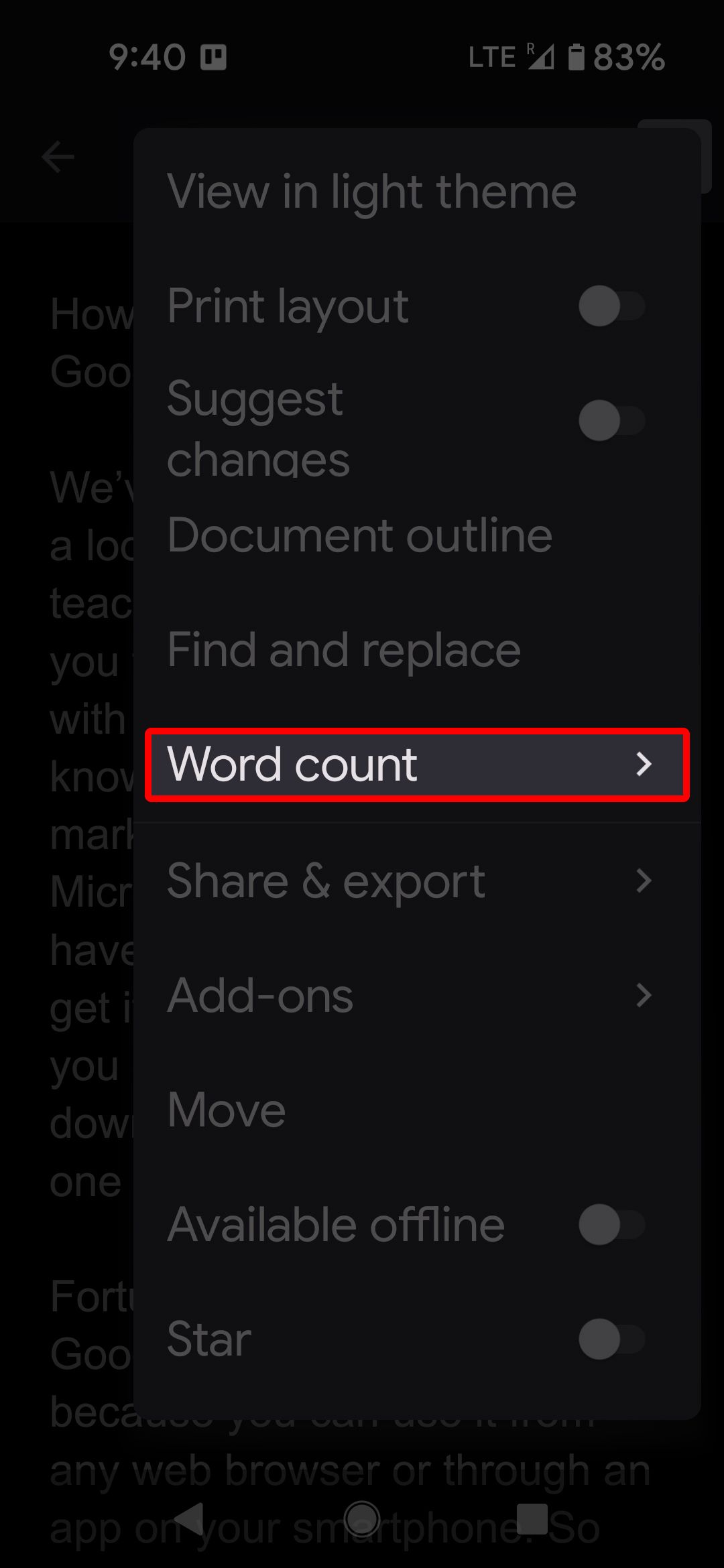 Google Docs mobile app overflow menu highlighting the Word count selection