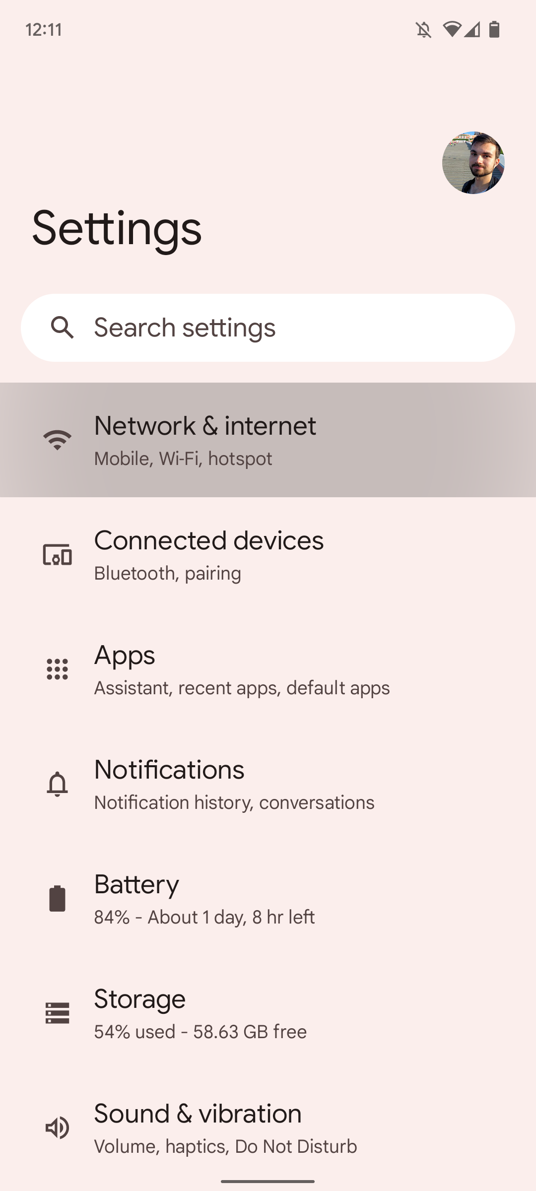 Network menu in Android Settings