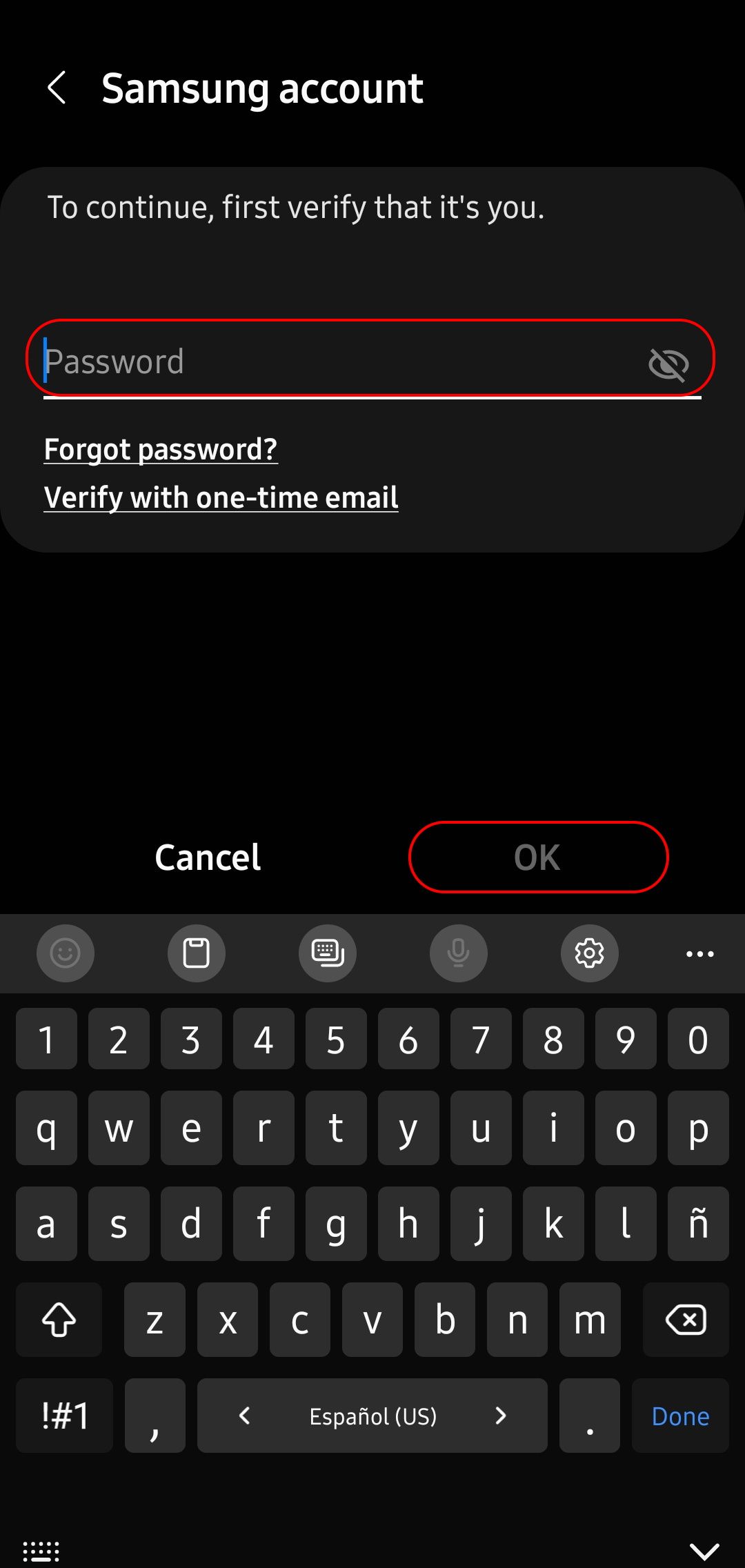 remove samsung account authentication page with the password field and the OK button highlighted