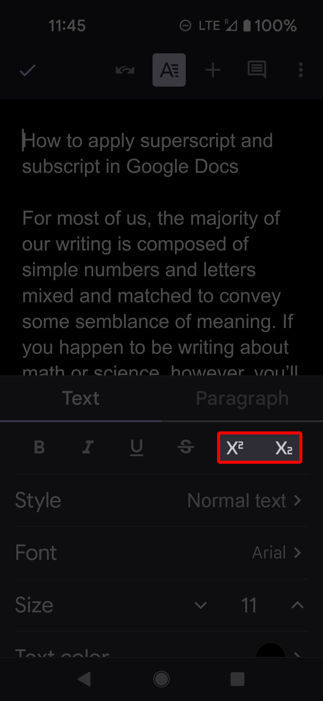 The Superscript and Subscript options in the Google Docs mobile app