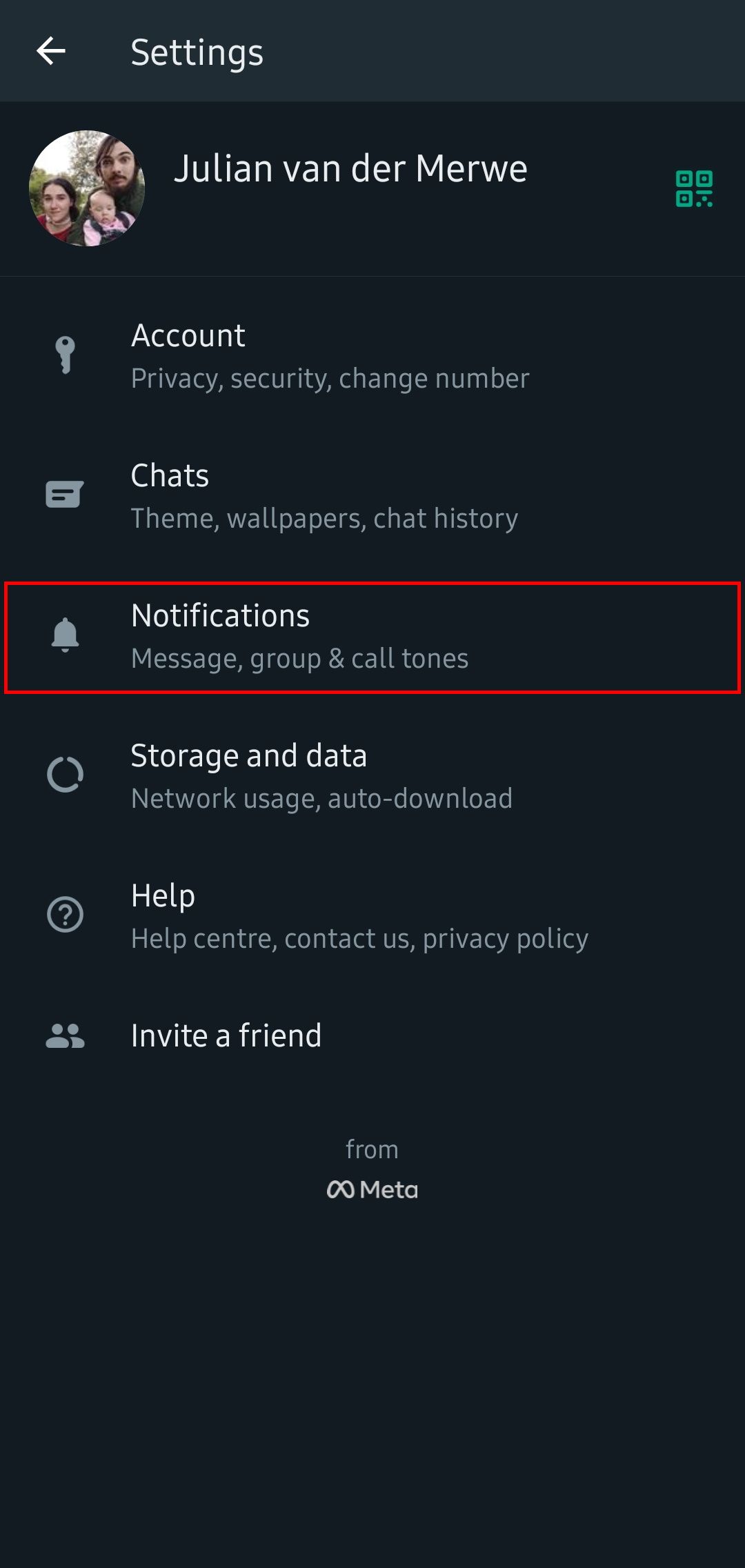 whatsapp settings menu with the notifications option highlighted
