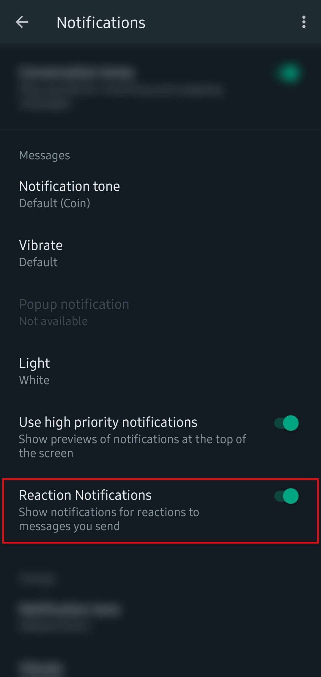 whatsapp notifications options menu with the reaction notiifications enabled in messages options