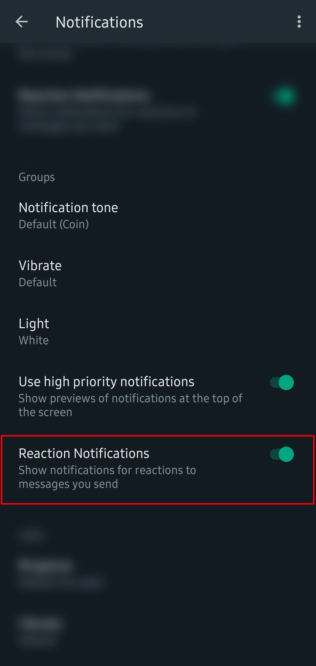 whatsapp notifications options with the reaction notifications enabled in groups