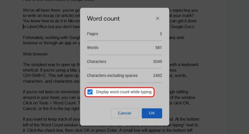 Google Docs Word count window highlighting the Display word count while typing option