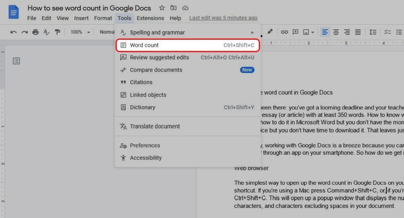 Google Docs Tools menu highlighting the Word count option