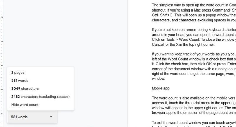 Google Docs running word count window with its expanded display open