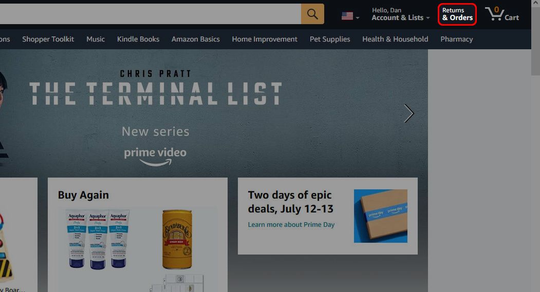 Hover over the Returns & Orders option on the Amazon homepage