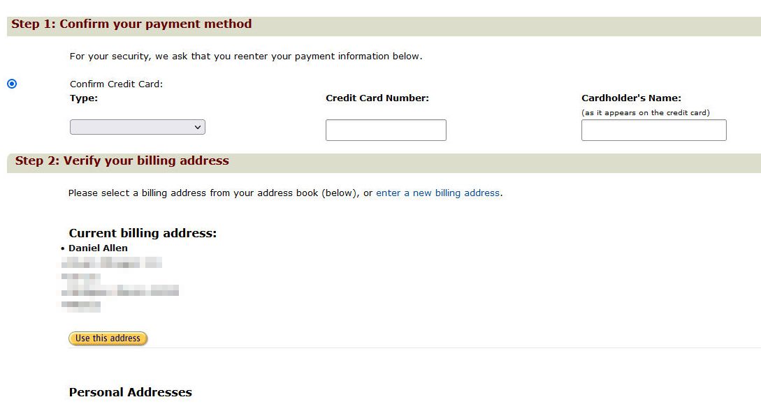 Confirm your payment method and verify your billing address when updating Amazon delivery address