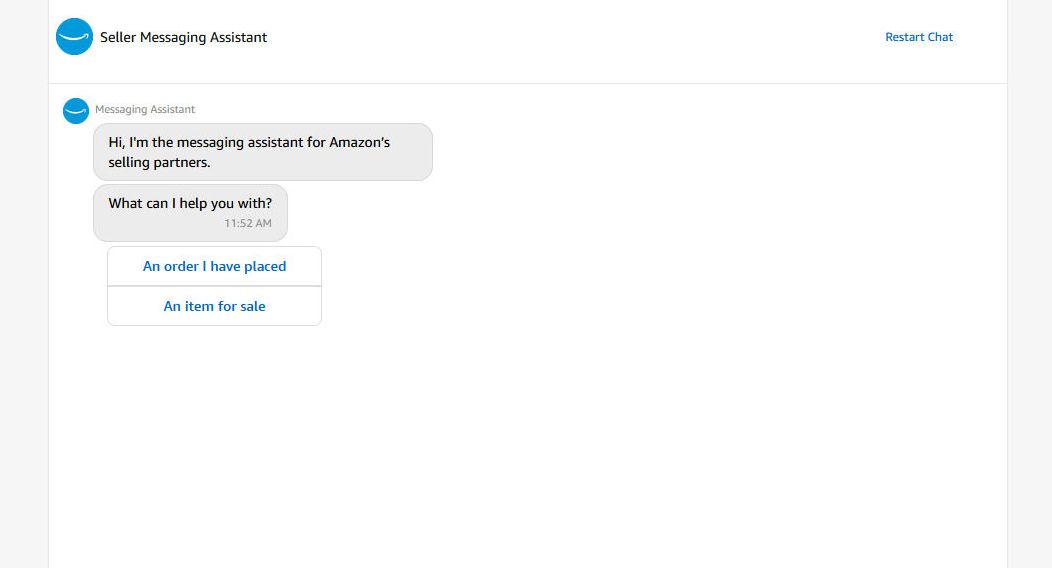 Amazon chatbot that guides you through sending a message to the seller.