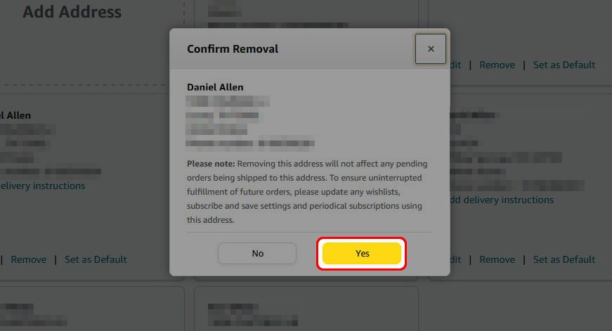 Confirm Amazon address removal by clicking Yes