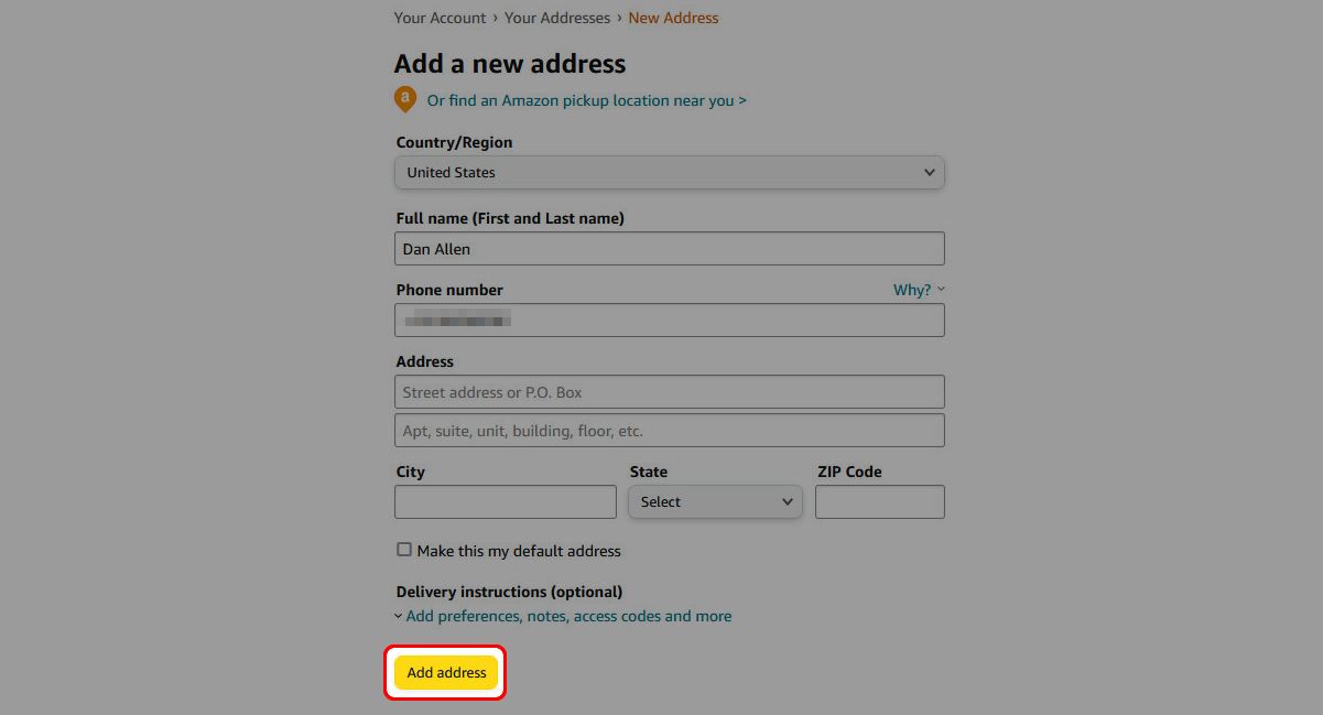 Fill in new address details for Amazon shipping and click Add address