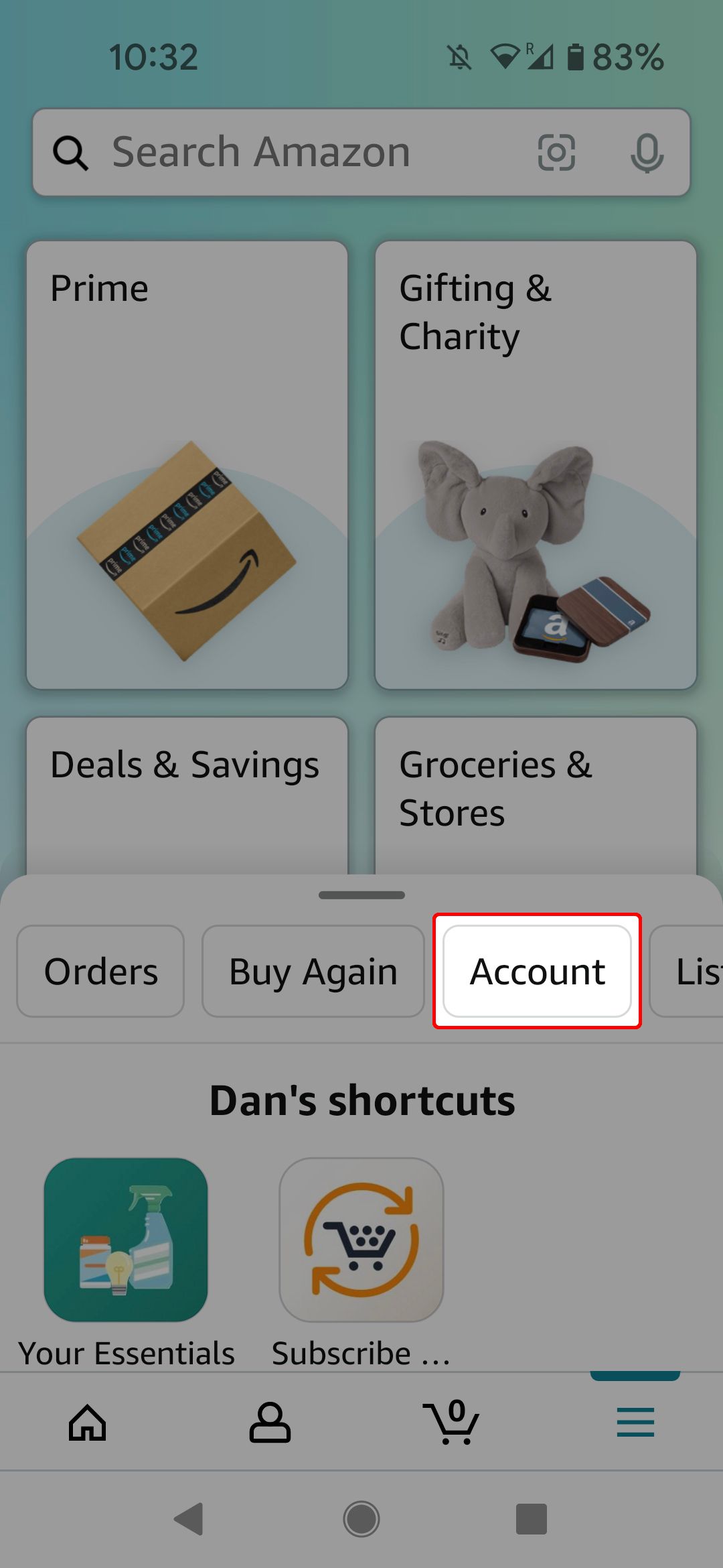 Navigate to your account page on Amazon mobile app