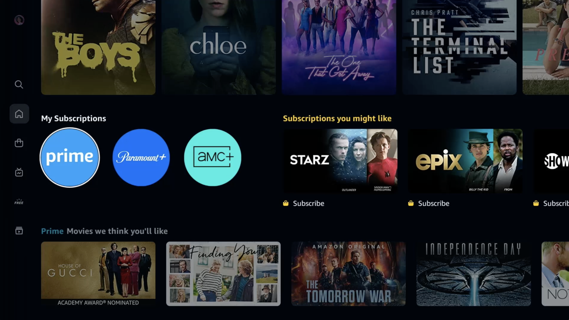The Amazon Prime Video interface showing subscriptions