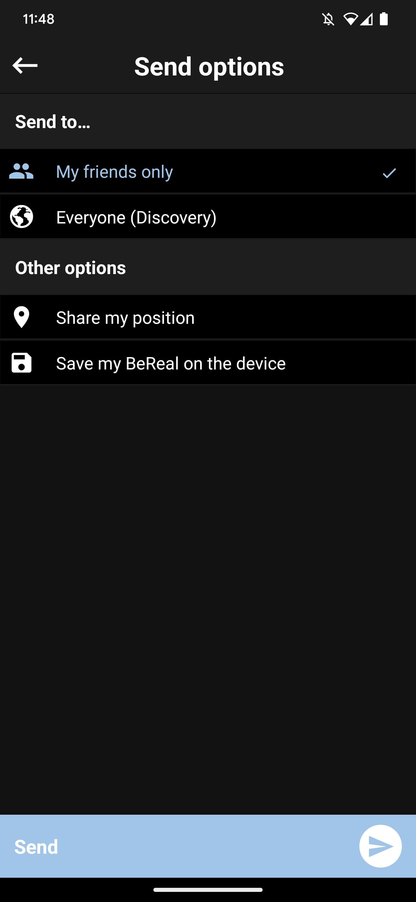 Enviar opções para fotos no aplicativo móvel BeReal