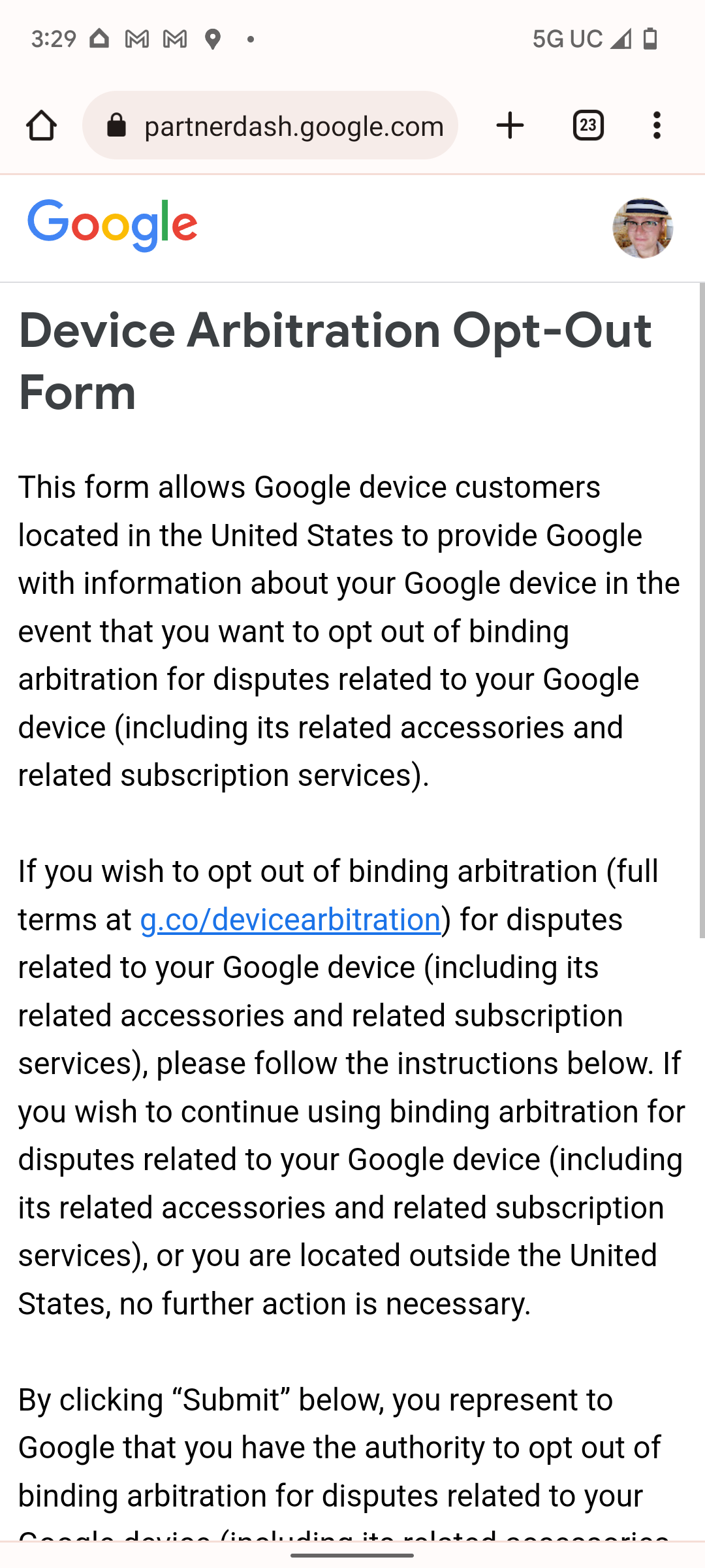 Formulir Penyisihan Arbitrase Perangkat Google di Chrome pada ponsel